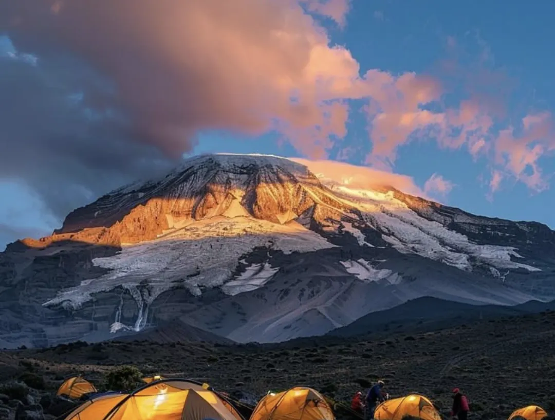Climbers trekking the Lemosho Route with Kilimanjaro summit, scenic Shira Plateau, Barranco Wall, mountain tents, and alpine scenery